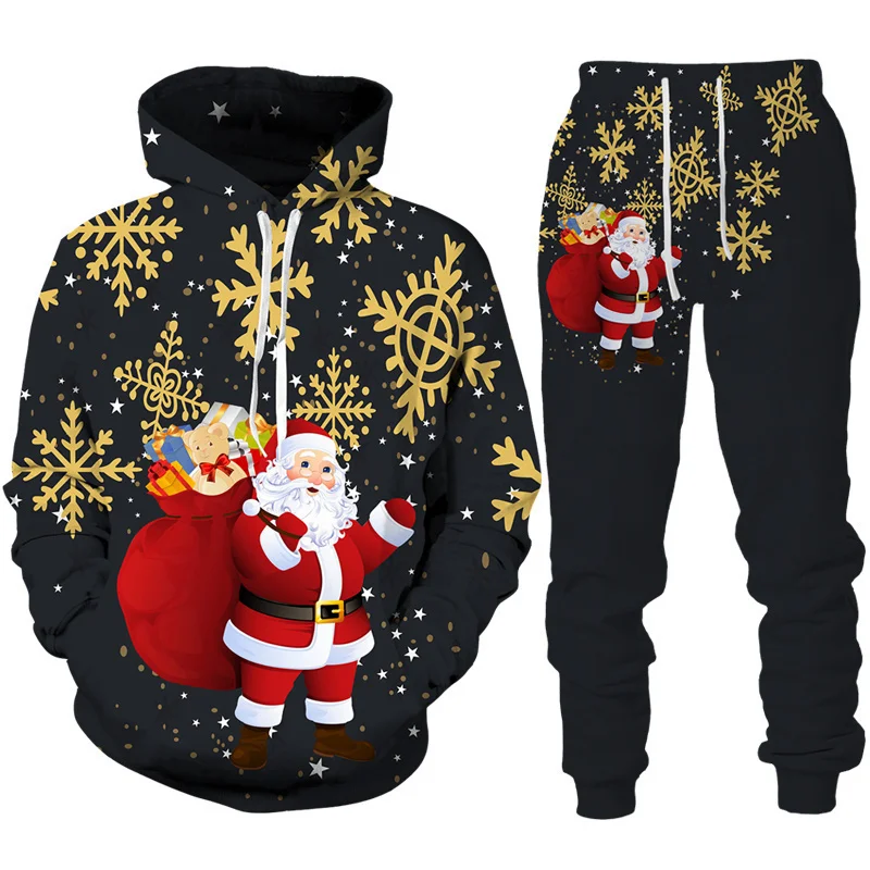 Funny Santa Claus Print Men's Hoodies Suit 3D Christmas Snowman Pattern Breathable  Sweatshirt + Sweatpants 2-piece Set Clothing