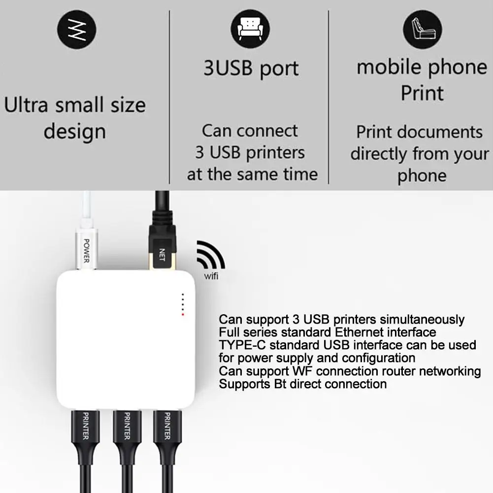 3 USB Ports Network RJ45 Print Server for Multiple USB Printers Adapter Suitable for Windows IOS and Android systems