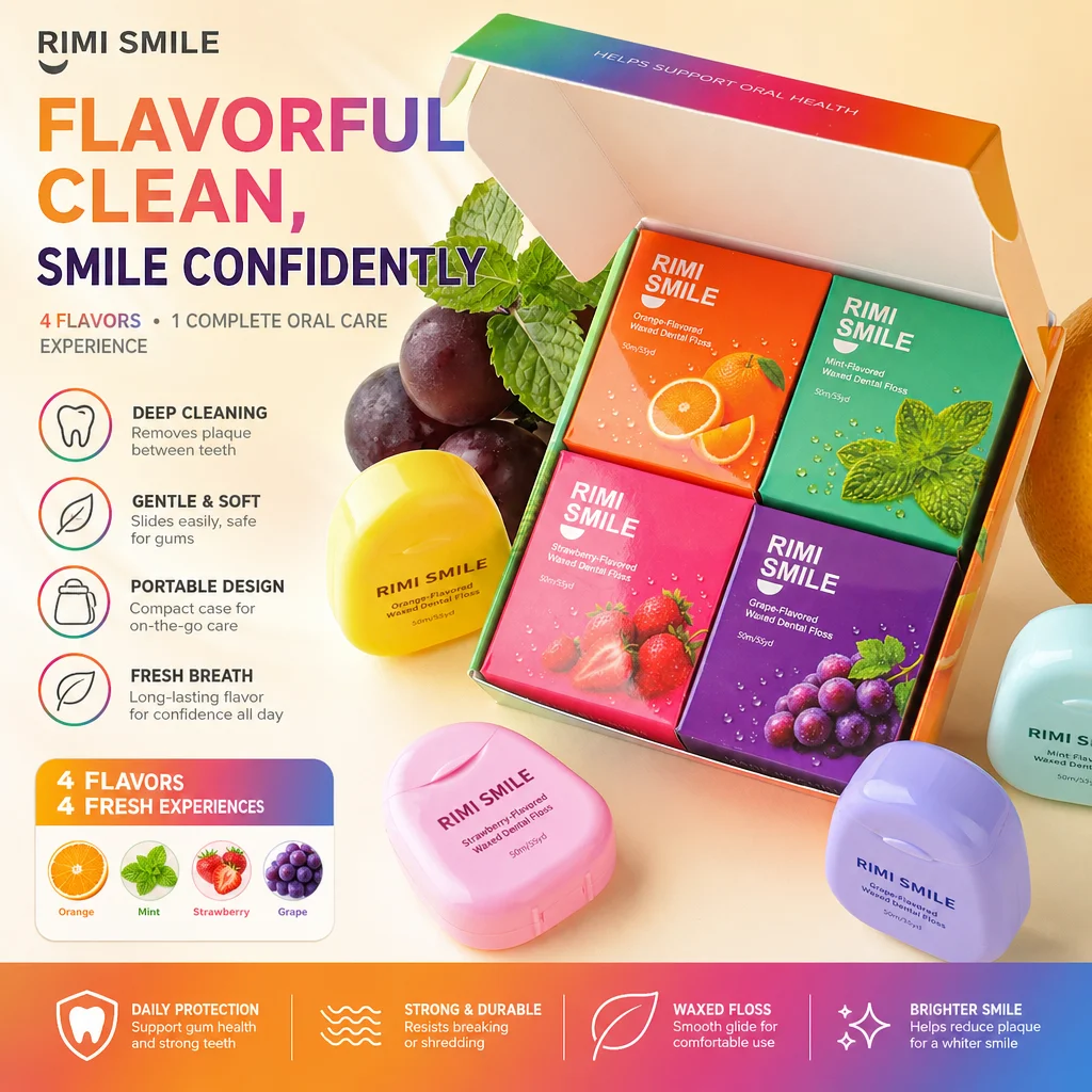 RIMI SMILE Waxed Dental Floss Spool, 50m/55yd Smooth Glide Shred‑Resistant Fruity Flavor Dental Floss, Deep Cleaning