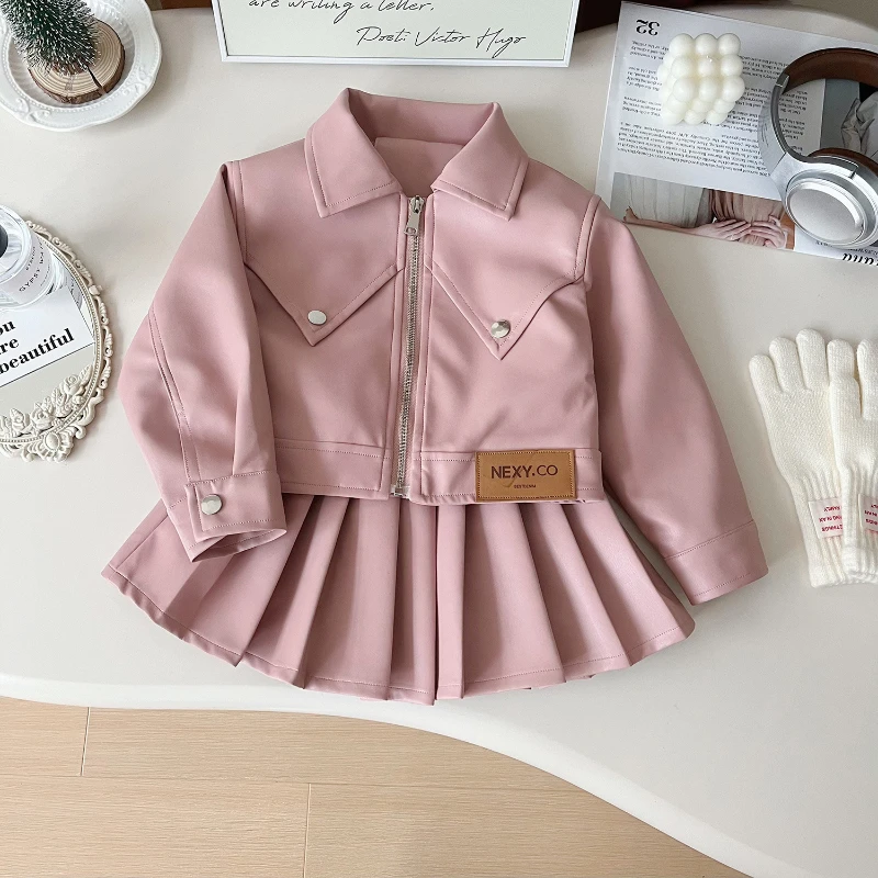 2024 Autumn New Korean Girls Small Fragrant Style Temperament Leather Jacket Set Baby Pleated Skirt Two-piece Set