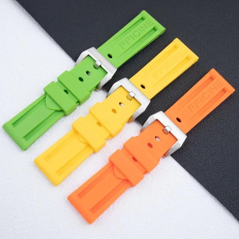 22mm 24mm Soft Quality Waterproof Diving Rubber Watchband Green Black Red Blue Orange Yellow White For Panerai Strap Pin Buckle