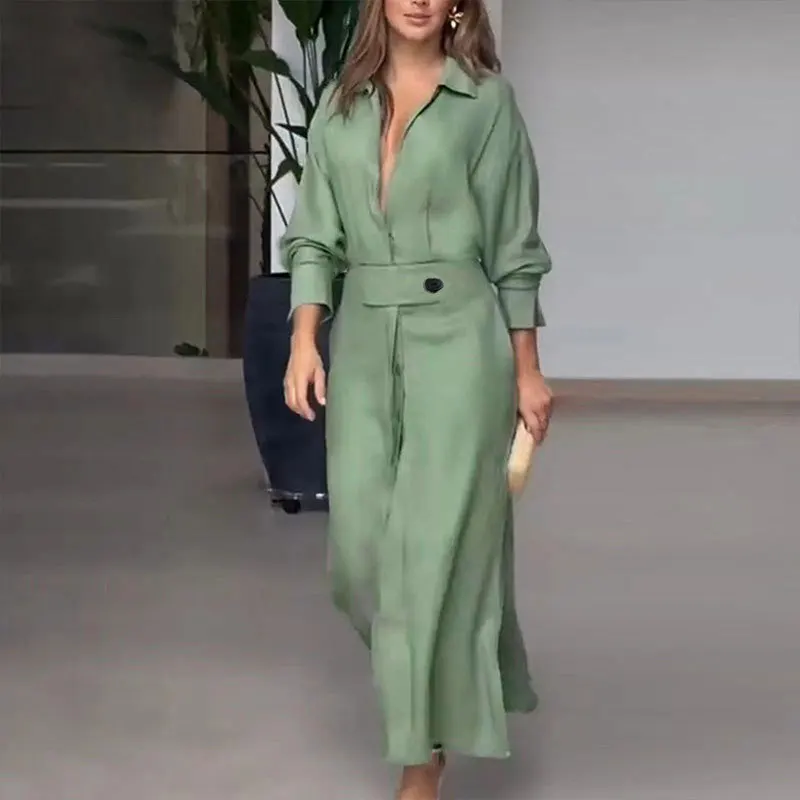 2024 Dress Women Autumn Winter Elegant Office Solid Lapel Single Breated Button Long Sleeve Slit Loose Midi Skrit Dresses