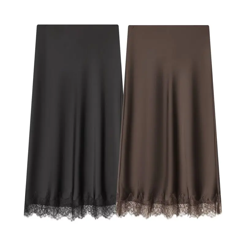 

Women’s Summer Lace Trimmed Satin Midi Skirt Half Skirt Elegant High Waist A-line Party Dress Fashion New Arrival