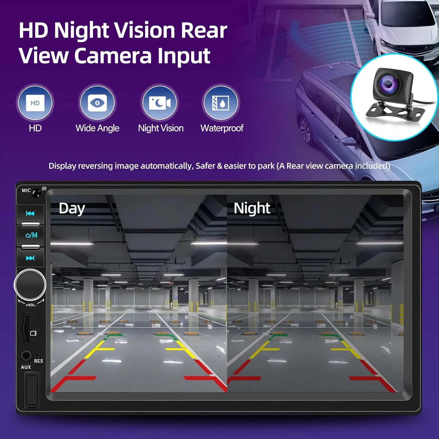 Estéreo para carro HD de 7' com CarPlay, Android Auto, câmera de backup, Bluetooth, rádio FM, USB/AUX