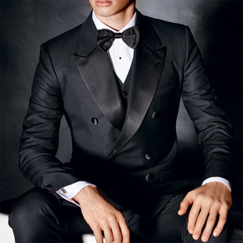 

Wedding Men's Suits Black Double Breasted Peak Lapel 6 Button Slim Fit Elegant Groom Outfits Set 2 Piece Jacket Pants Set