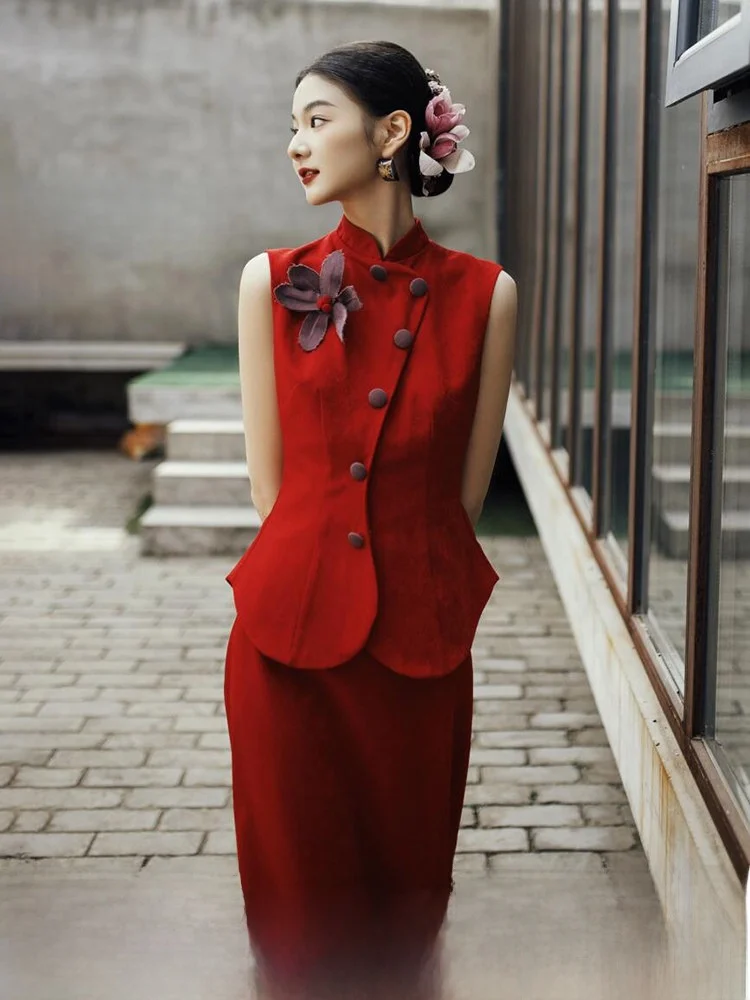 

New Chinese Style Morning Robe Women's Red Two-Piece Set Engagement Wedding Dress Retro Feel Bridesmaid Return Home