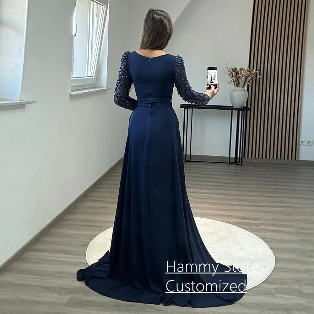 Navy Evening Dress for Woman Customized Long Sleeves Beading Sequined Straight Prom Gown with Train Party Robe De Soiree image 2