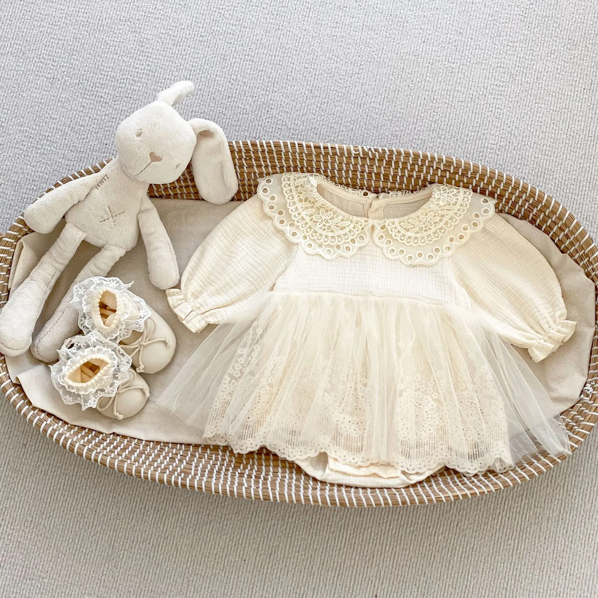 2024 Autumn New Baby Girls Sweet Gauze Lace Princess Dress Infant Girl Cute Lapel Bodysuit 100 Day Party Toddler Clothes 0-24M