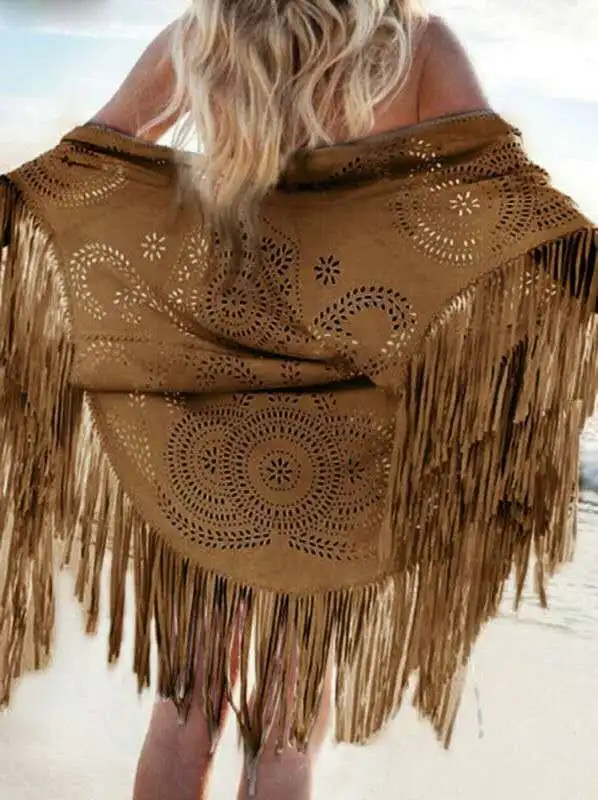 Women Vintage Capes Camel Suede Floral Hollow Out Fringe Tassel Shawl Ponchos Autumn Bohemian Cardigan Cloak Boho Capes 2026 New