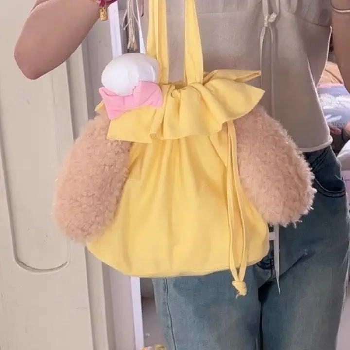 

Милая милая желтая сумка, женская плюшевая сумка-ведро с рюшами на шнурке, женский многофункциональный рюкзак большой вместимости 2025