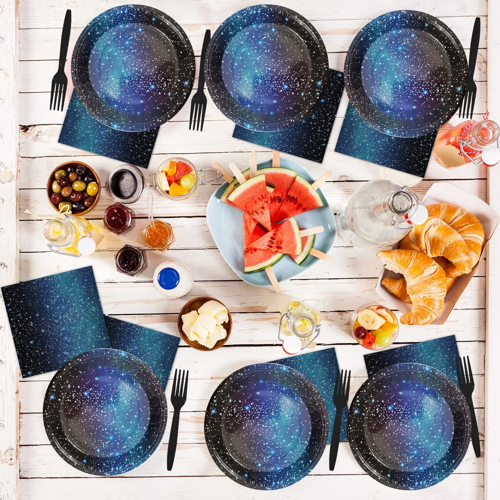 Juego de vajilla de noche estrellada para fiesta de galaxia, decoraciones de mesa de cumpleaños, servilletas de placa de papel, Sistema Solar,