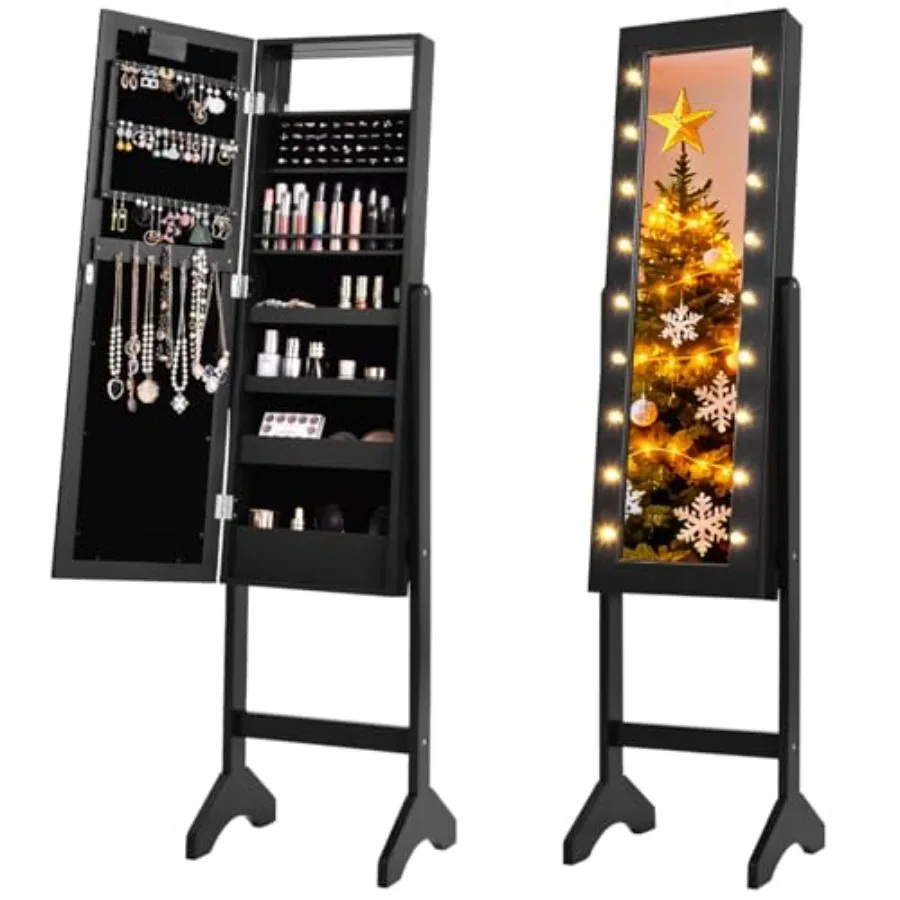 

18 LED Lights Standing Mirror Jewelry Cabinet Large Storage Mirror Full Length Jewelry Armoire with Lipstick Holders Shelves Ea