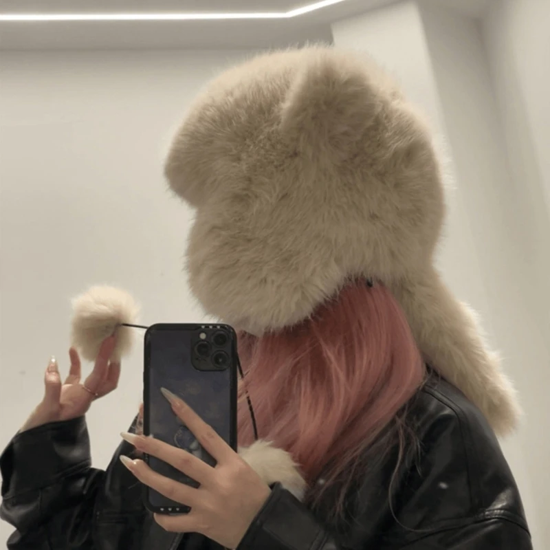 ผู้หญิงหัวห่อ Thicken Furry หมีหมวกสำหรับปีนเขาเล่นสกีกีฬา Headwear Dropship