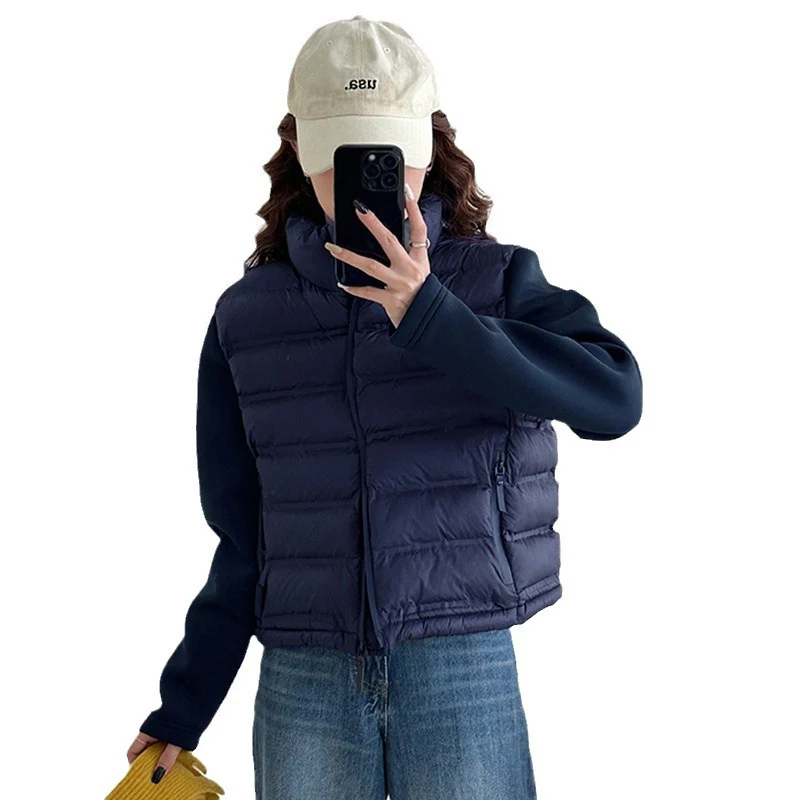 Schinteon donna piumino d'anatra bianco chiaro Patchwork autunno inverno corto capispalla colletto alla coreana cappotto Casual per studenti 2024 nuovo