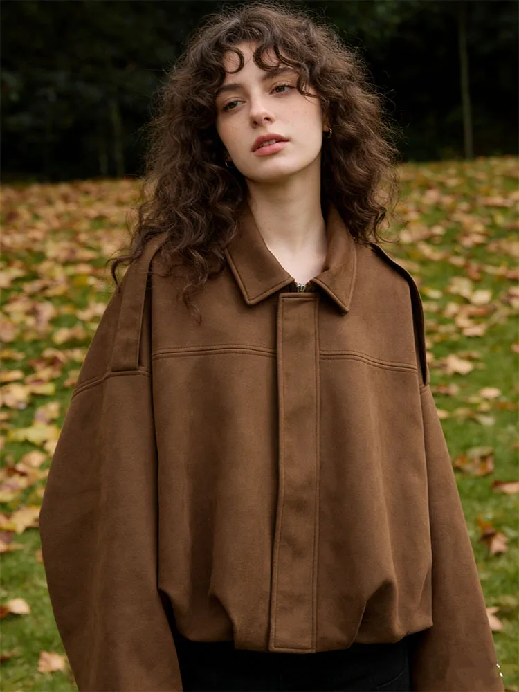 

SLTNX Новая весенняя женская куртка-бомбер свободного кроя с эффектом замши и модным отложным воротником