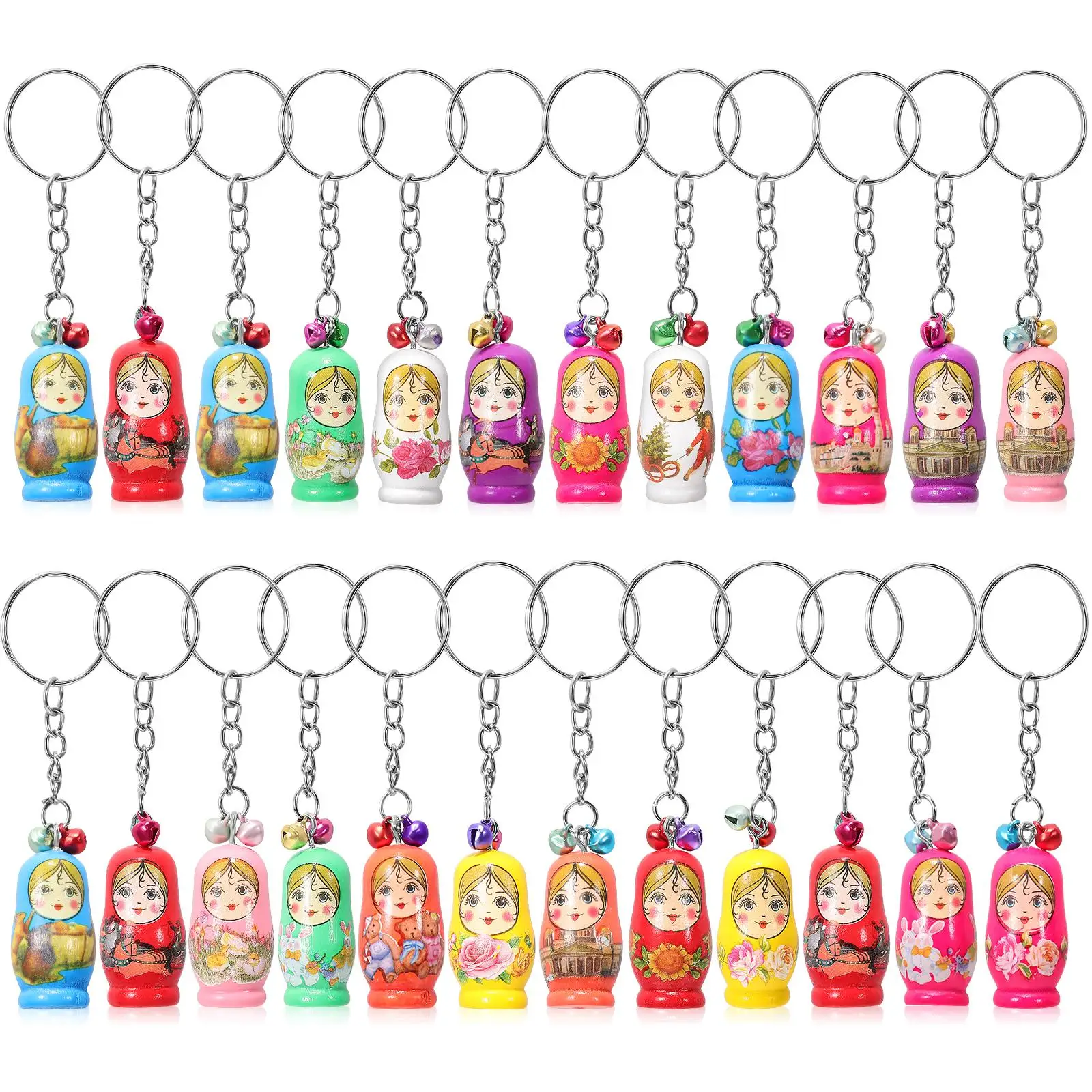 24 Pcs Baby Matryoshka Keychain Child Nesting Dolls Wooden Keychains for Car Keys Russian