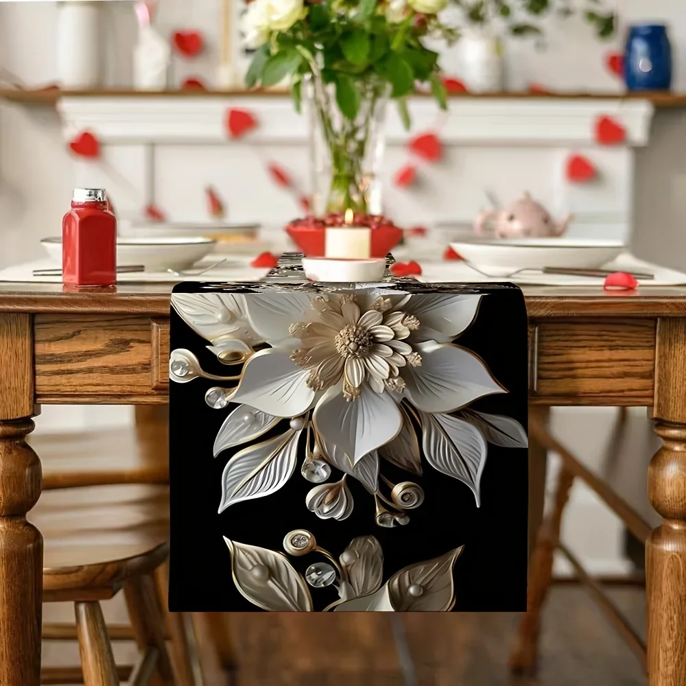 1 Piece of Elegant White and Gold Floral Table Runner, Durable Polyester Fiber, Rectangular | Perfect Suitable for Holiday Meals