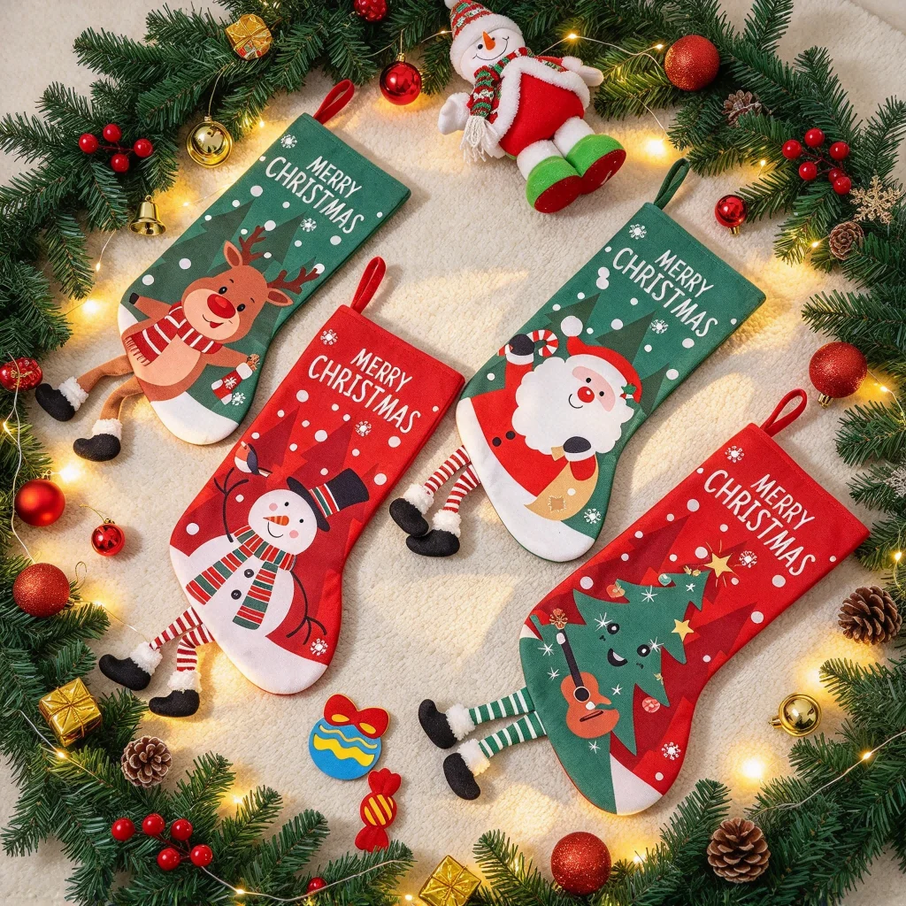 Christmas Stocking with Long Leg Cartoon Pattern Candy Gift Sock for Holiday Hanging Decor Christmas Party Decoration Supplies