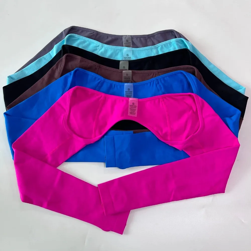 NO LOGO 3Pieces Gym Set Seamless Yoga Set Women Gym Top Cross Waist Shorts Long Sleeve Shrug Fitness Bra Sports Suit Workout Set view 2