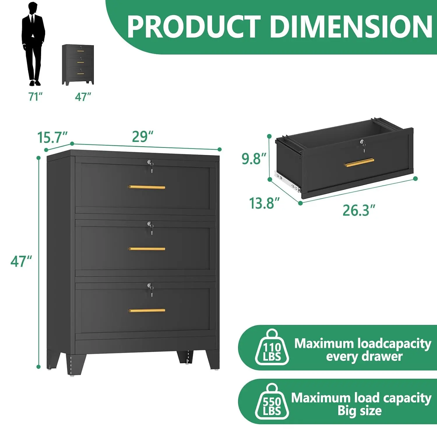Metal Lateral File Cabinet 3 Drawer Steel Wide Filing Storage Office Lockable for Letter A4 F4 Size, Customized