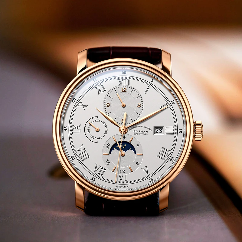 BORMAN Leather Moon Phase Leather Luxury Automatic Men Wristwatch Leather Strap 50m Water Resistant Mechanical Watches