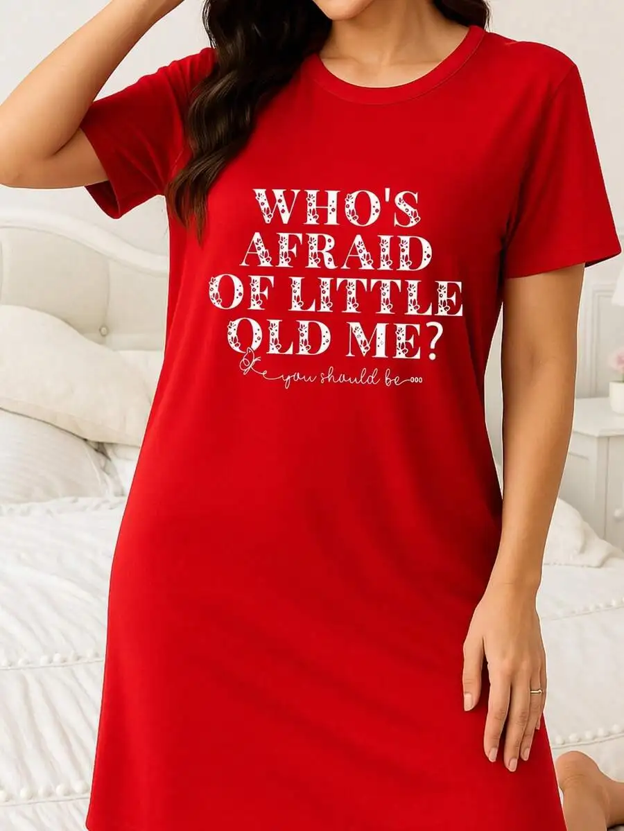 

Womens Red Graphic Print Nightgown Short Sleeve Round Neck Cotton Sleepwear