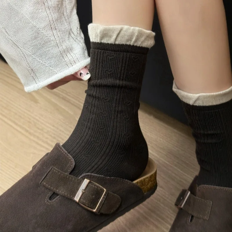 1 paire hiver marron coton chaussettes printemps automne mi-mollet longueur Coquette froufrous chaussettes blanc Slouch chaussettes pour les filles de haute qualité