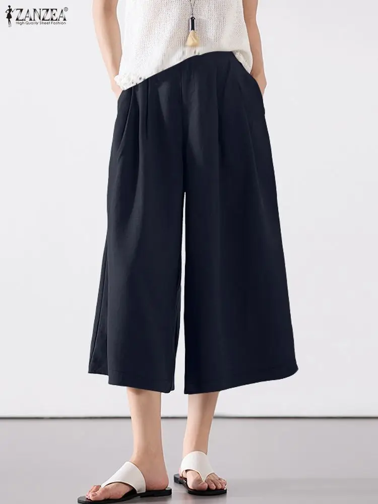 ZANZEA Women Casual Crinkled Texture Wide Leg Pants 2025 Autumn Elastic Waist Solid Color Mid-Calf Cropped Pant Everyday Wear