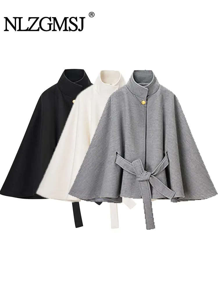 

NLZGMSJ Chic Women With Belt Cloak Jacket 2025 Autumn Stand Collar Loose Woolen Coat Female Top Oversize Cape Overcoat