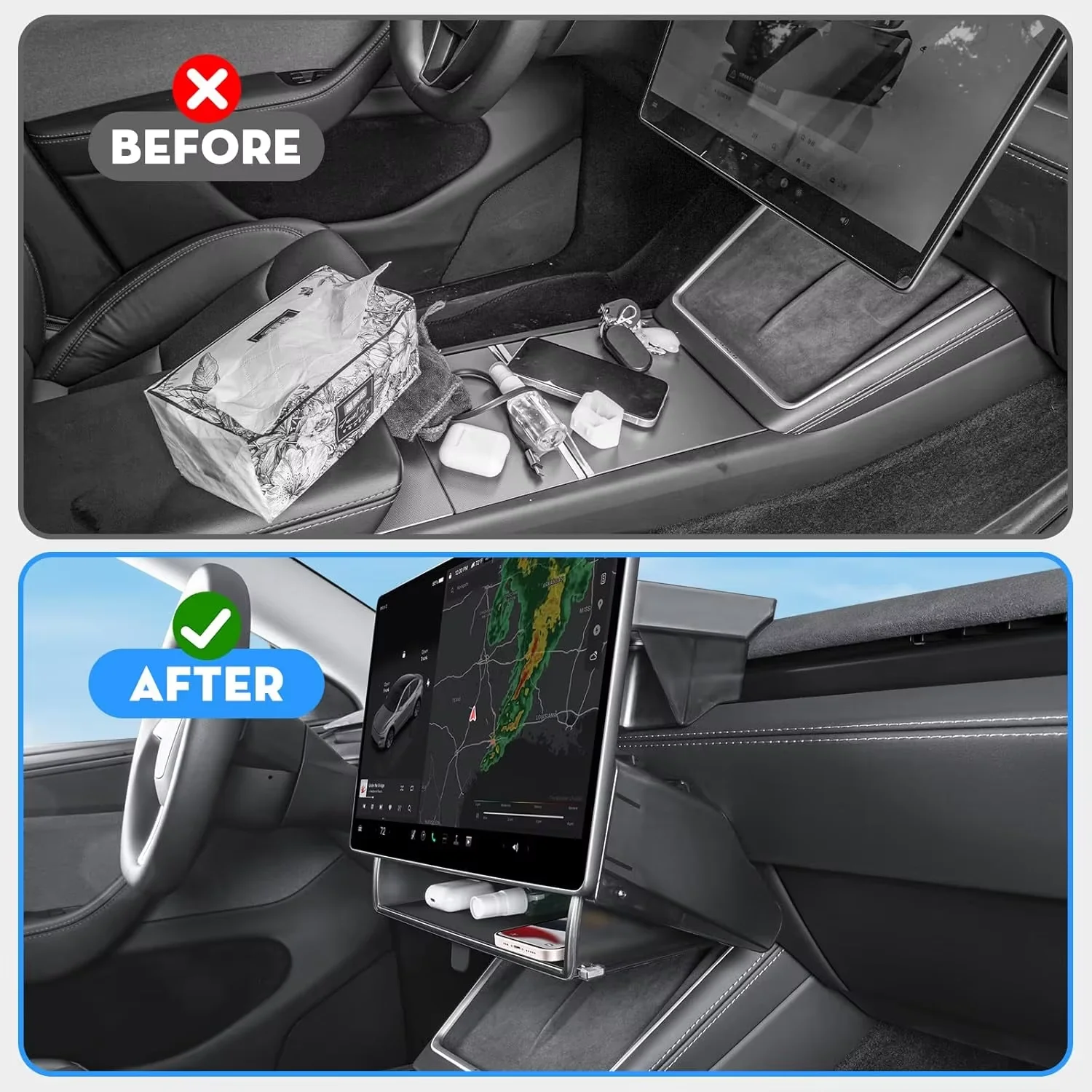 Suitable for Tesla Model Y Juniper 2025‑2026 Model3 Highland 2024‑2025 Under-Screen Storage Box, Storage Rack Behind the Central Control Screen, Built-In Anti-Slip Mat, Foldable Hidden Opening and Closing Tissue Holder, Car Interior Decoration Accessories