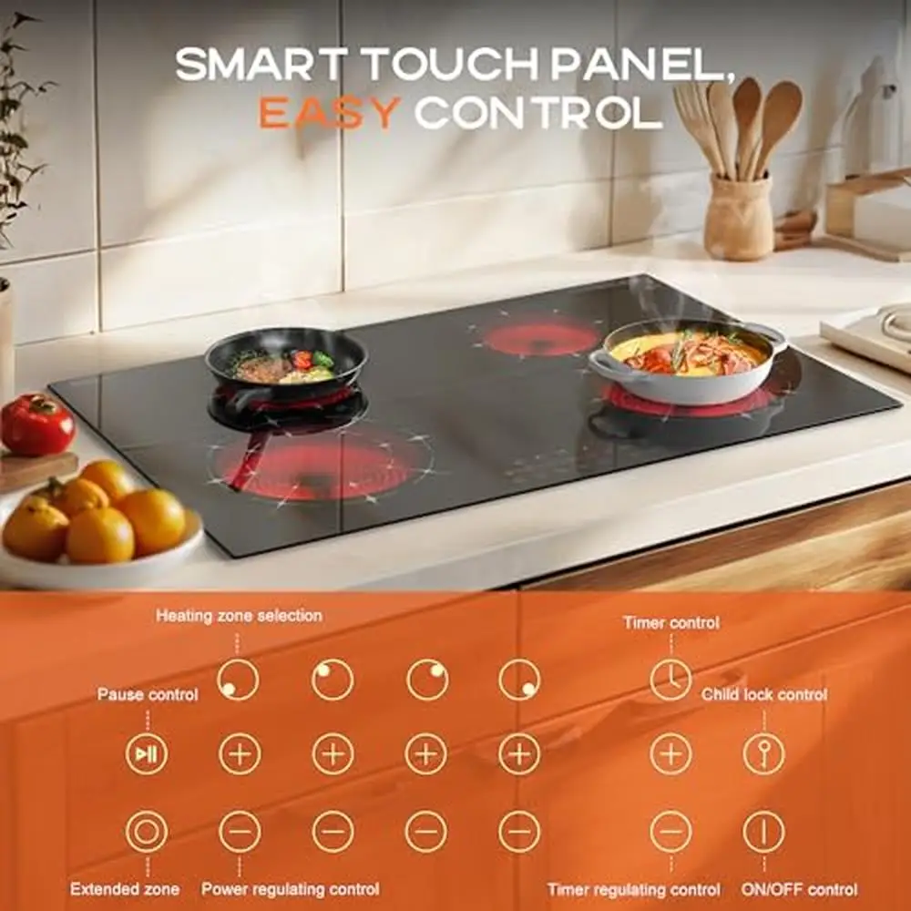 電気セラミックコンロ、4バーナーセンサー、タッチコントロール、多機能安全ロック、タイマー、黒いガラス表面、7100W電源、30インチ