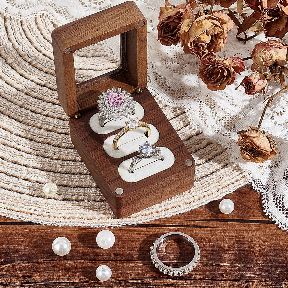 Wood 3 Slot Ring Box with Glass Lid for Wedding Proposal Walnut Wood Ring Bearer Cube Flip Box 3 Ring Storage Box with Lid view 2