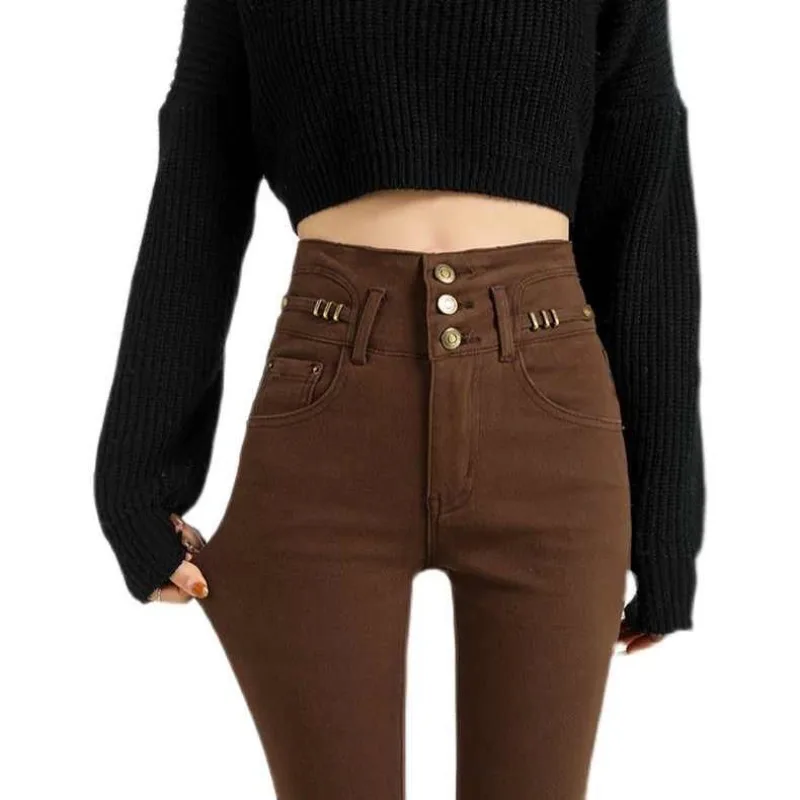 

Brown Women's Tight-fitting Outer Wear 2024 Spring and Autumn New Brown Elastic Thin Pencil Pants Women's Clothing Commuting