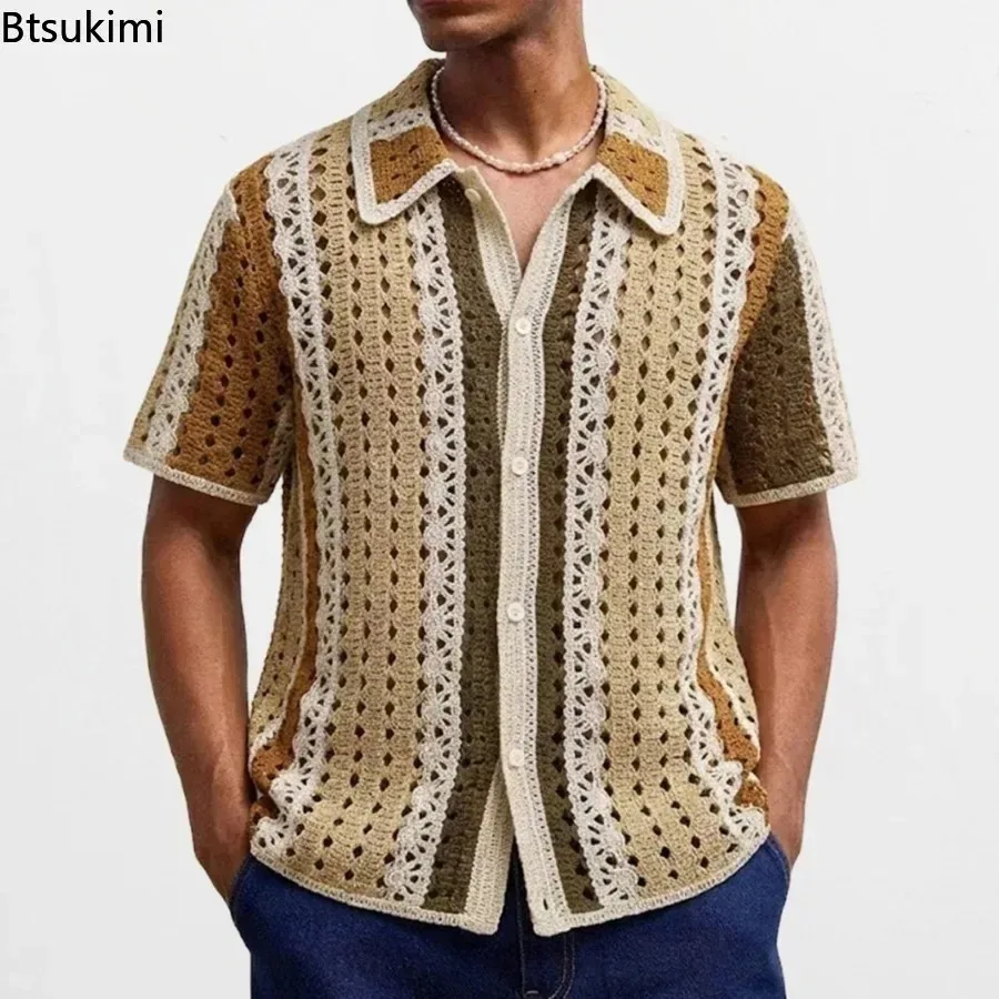 Ethnic Style Knit Polo Shirts for Men New Summer Retro Crochet Flower Patchwork Hollow Out Shirt Men Casual Loose Cardigans Tops