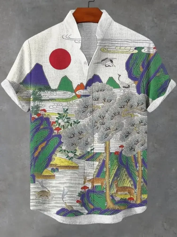 

2025 New Linen Comfortable Breathable Fabric Short-sleeved Top Forest Art Print Men Shirt Art Lovers Clothing Erkek Kiyafetleri