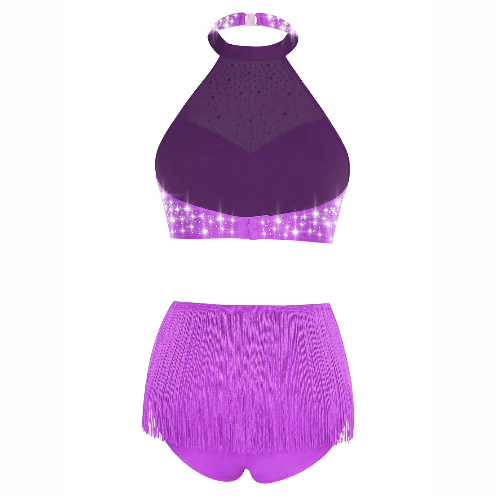 สตรี Belly Dance ชุด Halter Sheer Mesh Crop Tops และพู่ชุดชั้นในกางเกงขาสั้นสําหรับ Salsa Samba ปาร์ตี้เต้นรํา