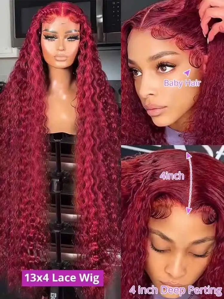 99J Burgundy 250 Density 13x4 HD Lace Front Wigs Human Hair Red Wine 30 Inch Deep Wave Brazilian Curly Glueless Lace Frontal Wig image 2