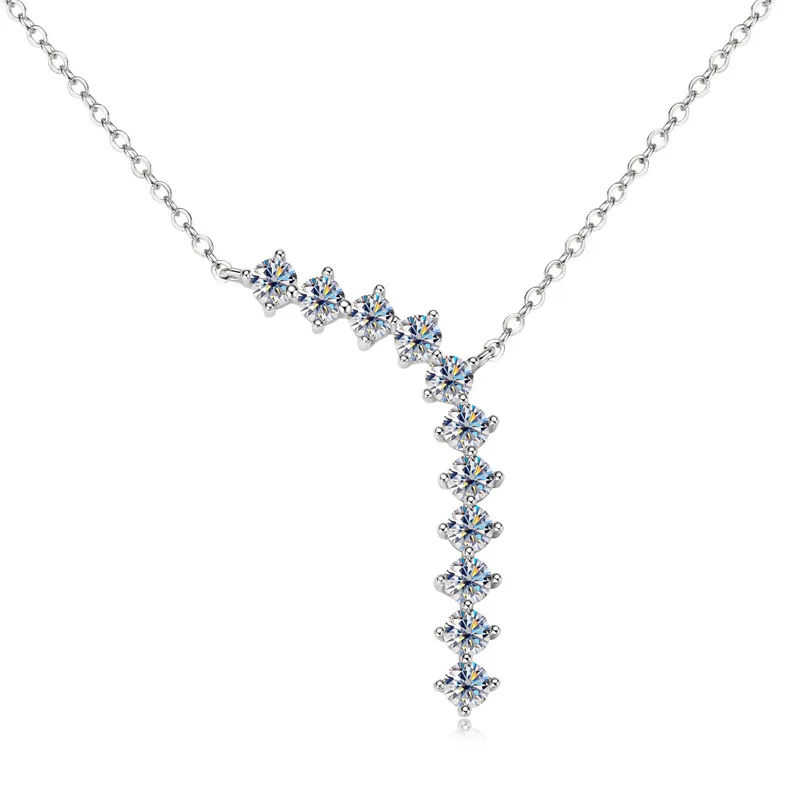 925 Sterling Silver Y Shape Graduated Linear Drop Pendant Necklace Round Cut D VVS1 Moissanite Fine Jewelry For Women