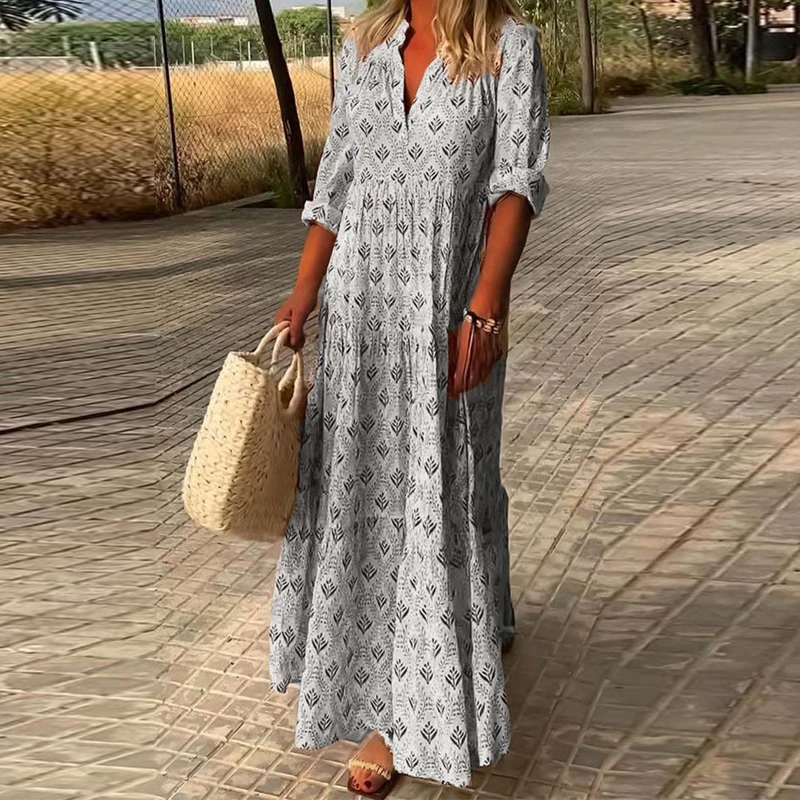 Vintage Female Stand Collar Shirt Beach Dress Casual Loose Long Sleeve Boho Maxi Dress Summer Fashion Print Women Party Dresses