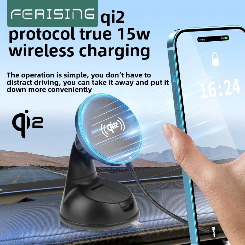 

FERISING QI2 magnetic suction Car charging magsafe stand 15W wireless charger mobile navigation air outlet suction cup holder