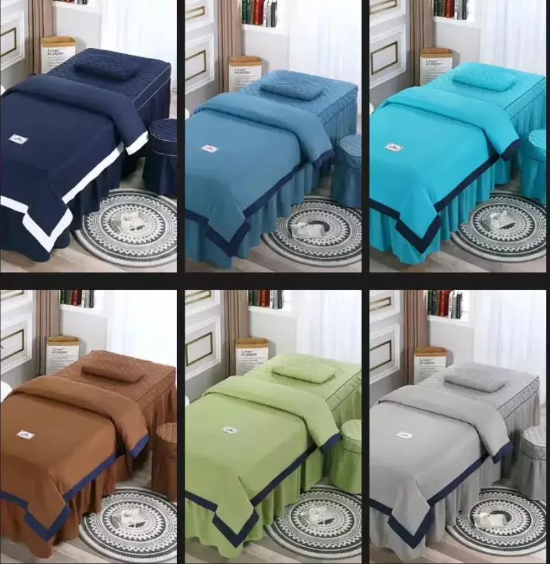 4 Pcs Beauty Bed Cover Set Solid Color Simple European Style for Beauty Salons Bedding Sets Bedskirt with Hole