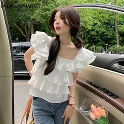 2024 Camisas De Mujer Fashion Simple White Blouse Women Square Collar Flying Sleeve Crop Tops Ruffles Summer Sweet Blouses Tops