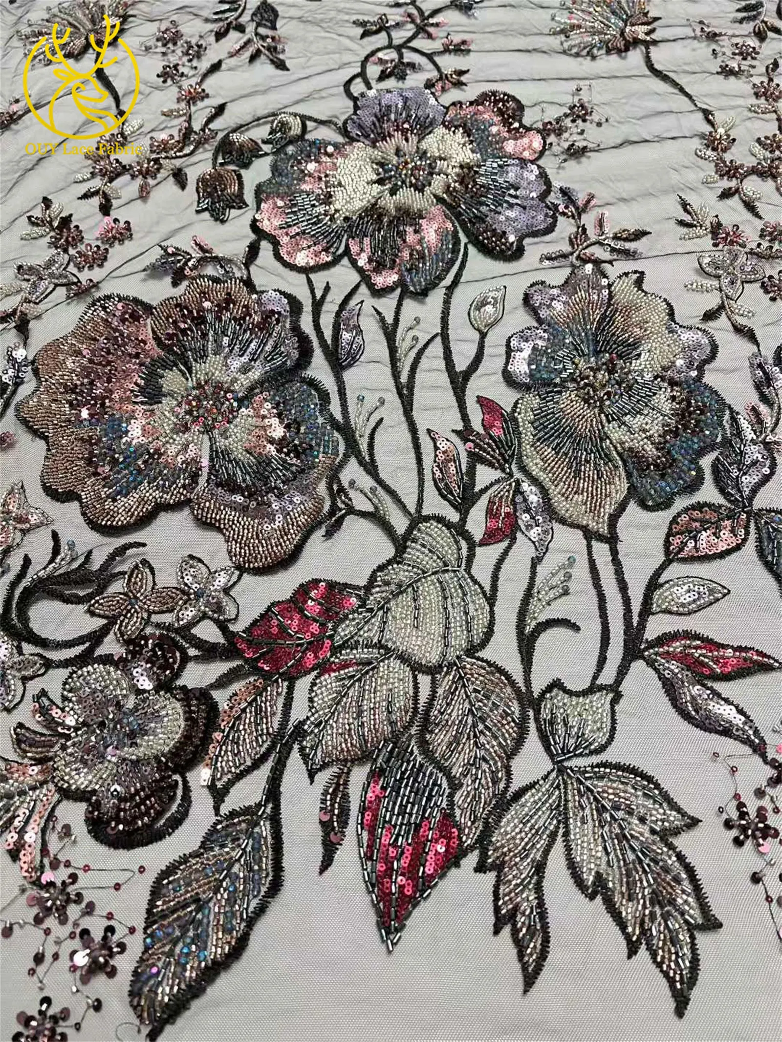 Afrikanischer schwerer Perlen-Spitzenstoff, 5 Yards, luxuriöse französische Pailletten-Spitze, Nigeria-Stickerei, Tüllspitze für Hochzeitskleider – Detail 12