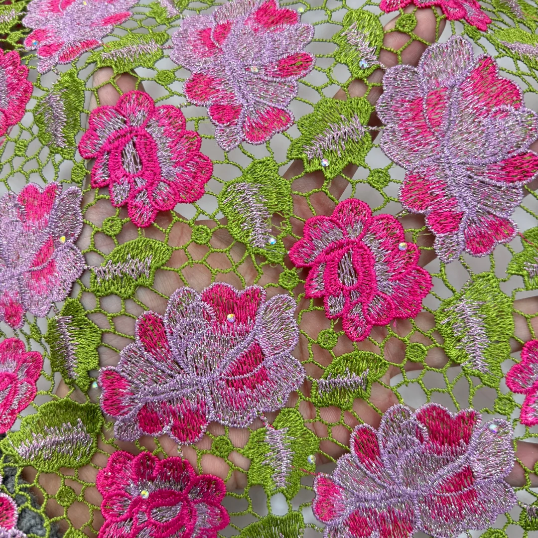 

High Quality Color Block Lace Fabric Floral Hollow Embroidery with Rhinestones Elegant Mesh Lace for Wedding Party Dress Sewing