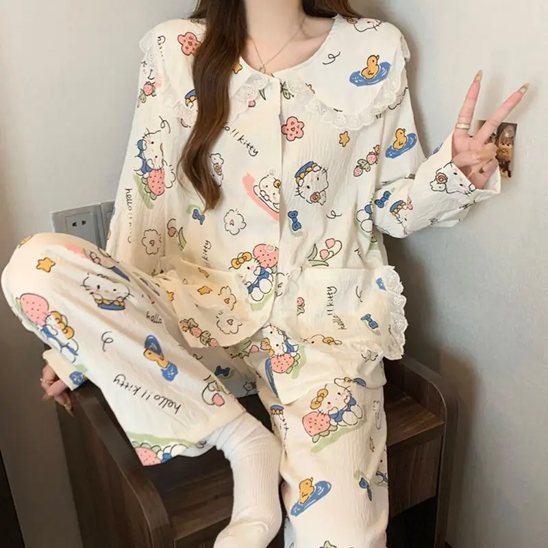 

Женская пижама Sanrio Hello Kitty: милый комплект для сна с длинным рукавом, брюками и мультяшным принтом, домашний костюм принцессы