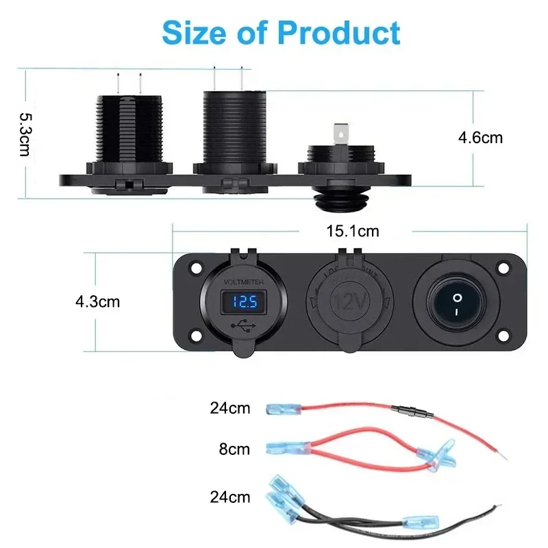 12V Socket Cig-are-tte Lighter Socket 3 in 1 Waterproof Car Dual QC3.0 USB Outlet Panel for RV Marine Boat Power Socket