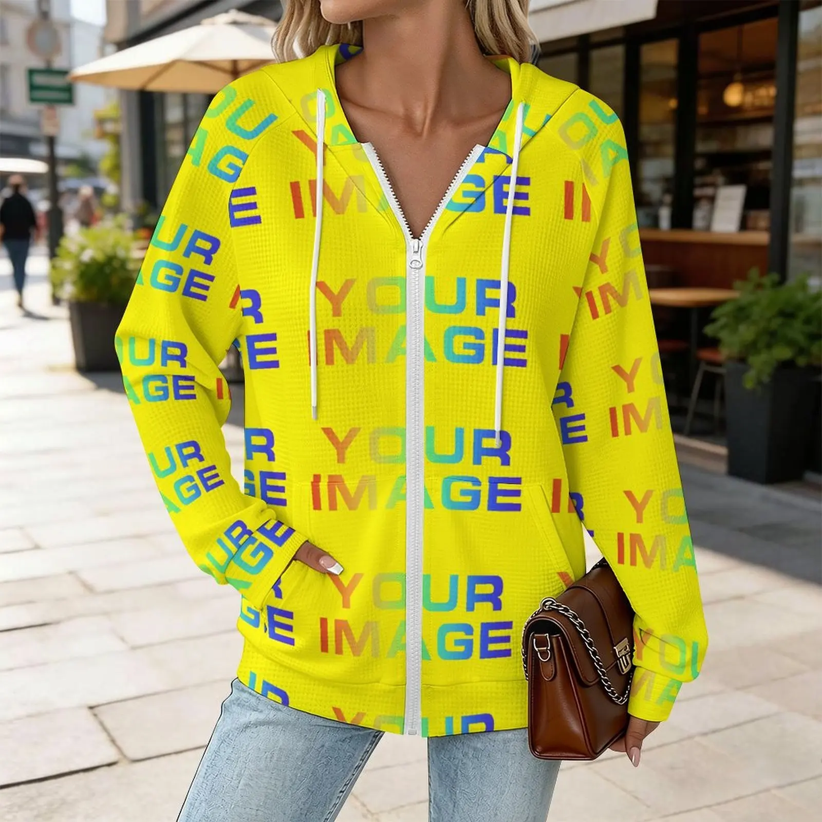 Women's WAFFLE Hoodie - Cozy Zip-Up Casual Long Sleeve Sweatshirt Drop Shoulder Design Relaxed Fit Custom Print On Demand