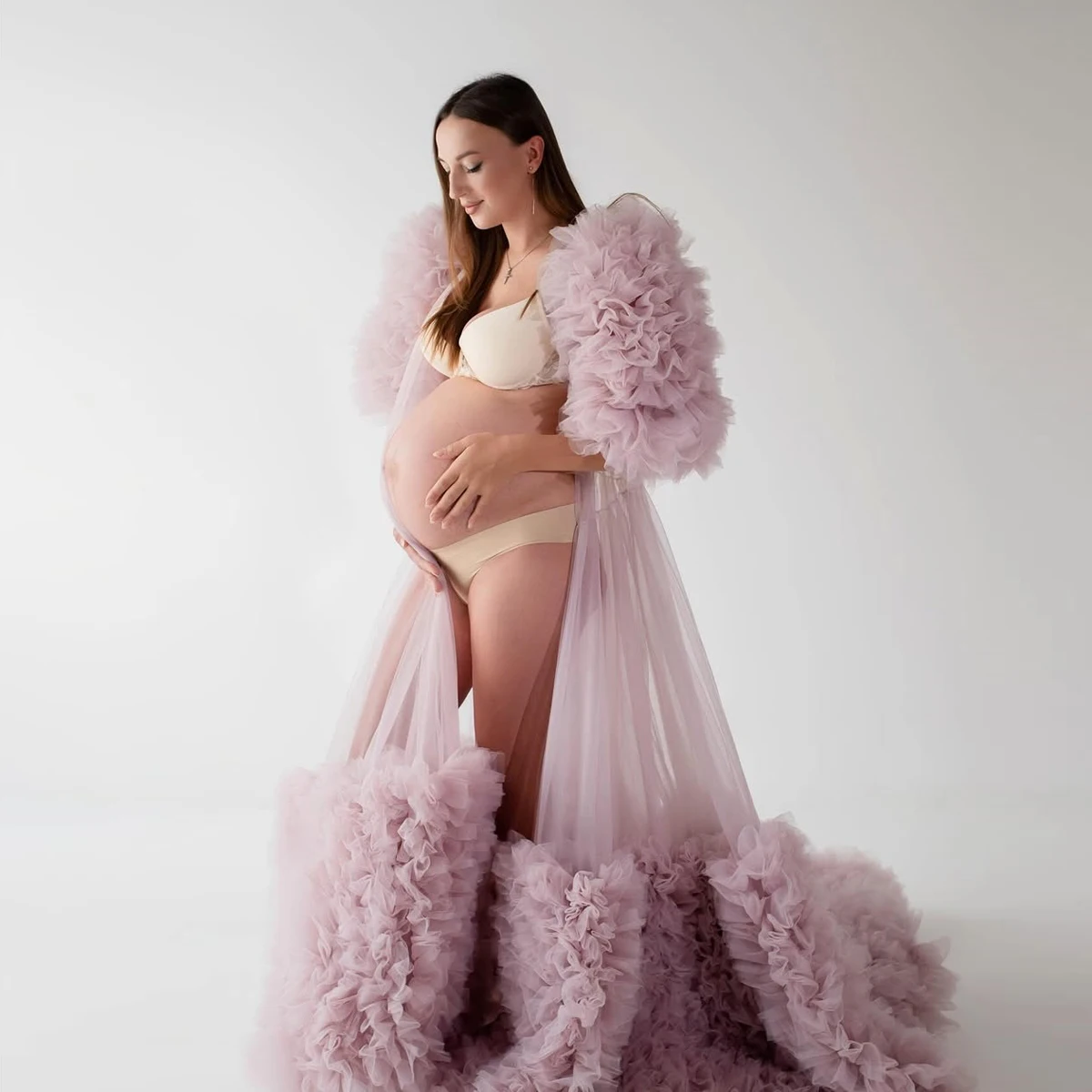 Charming Mauve Ruffles Tulle Maternity Dresses Photoshoot Fluffy Baby Shower Gown Photography Robes Maternity Dress Custom Made