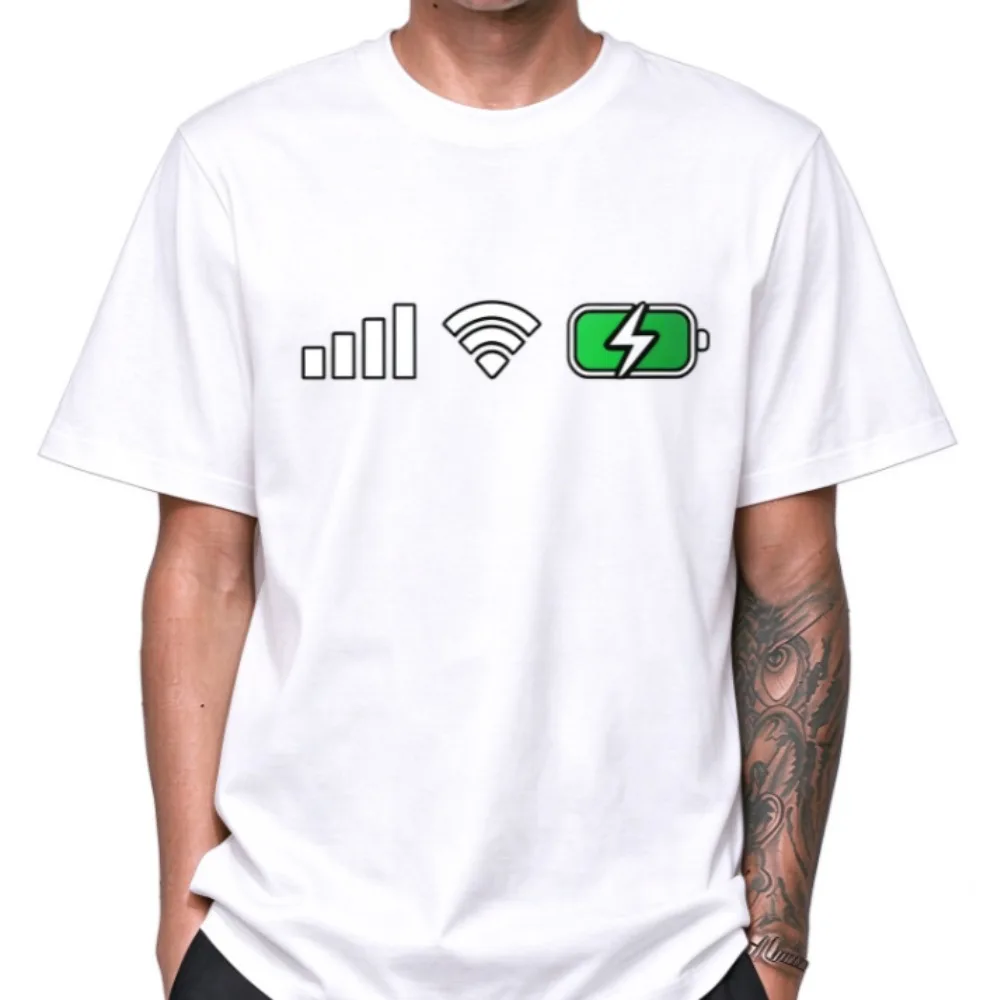 Signal WiFi Battery Printed T-Shirt 100% Cotton Oversized Tech Graphic Tees for Men Women Summer Tops Digital Streetwear