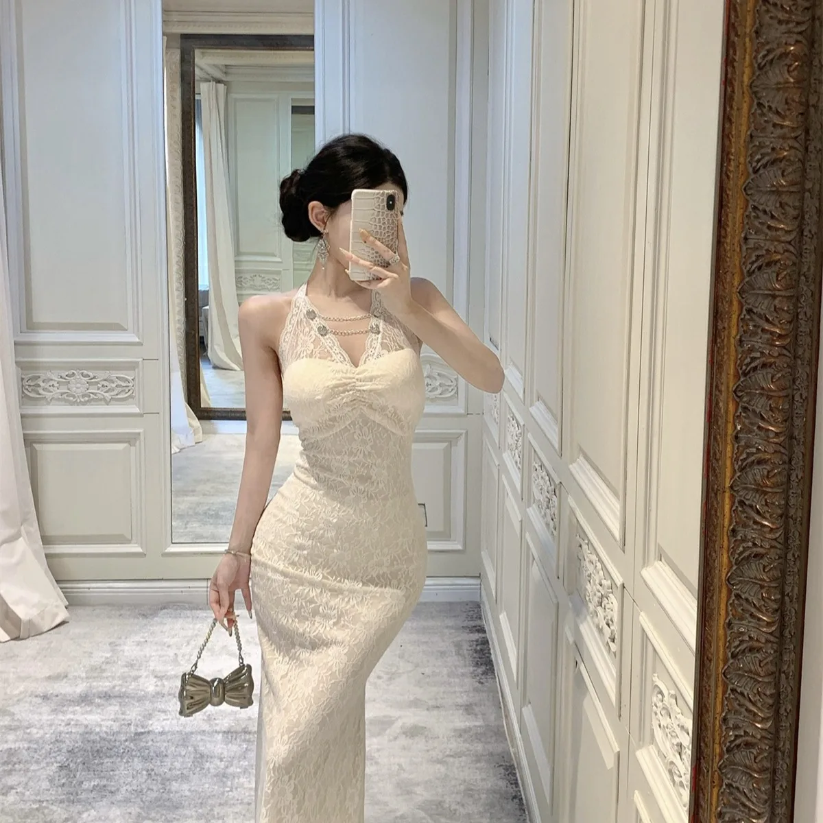 Lange Spitze V-ne Fi-schwanz Dr Sommer Neue Sle Dekorative Kette Ne Hängen Abnehmen Taille Design Koreanische Sle pendeln Dr